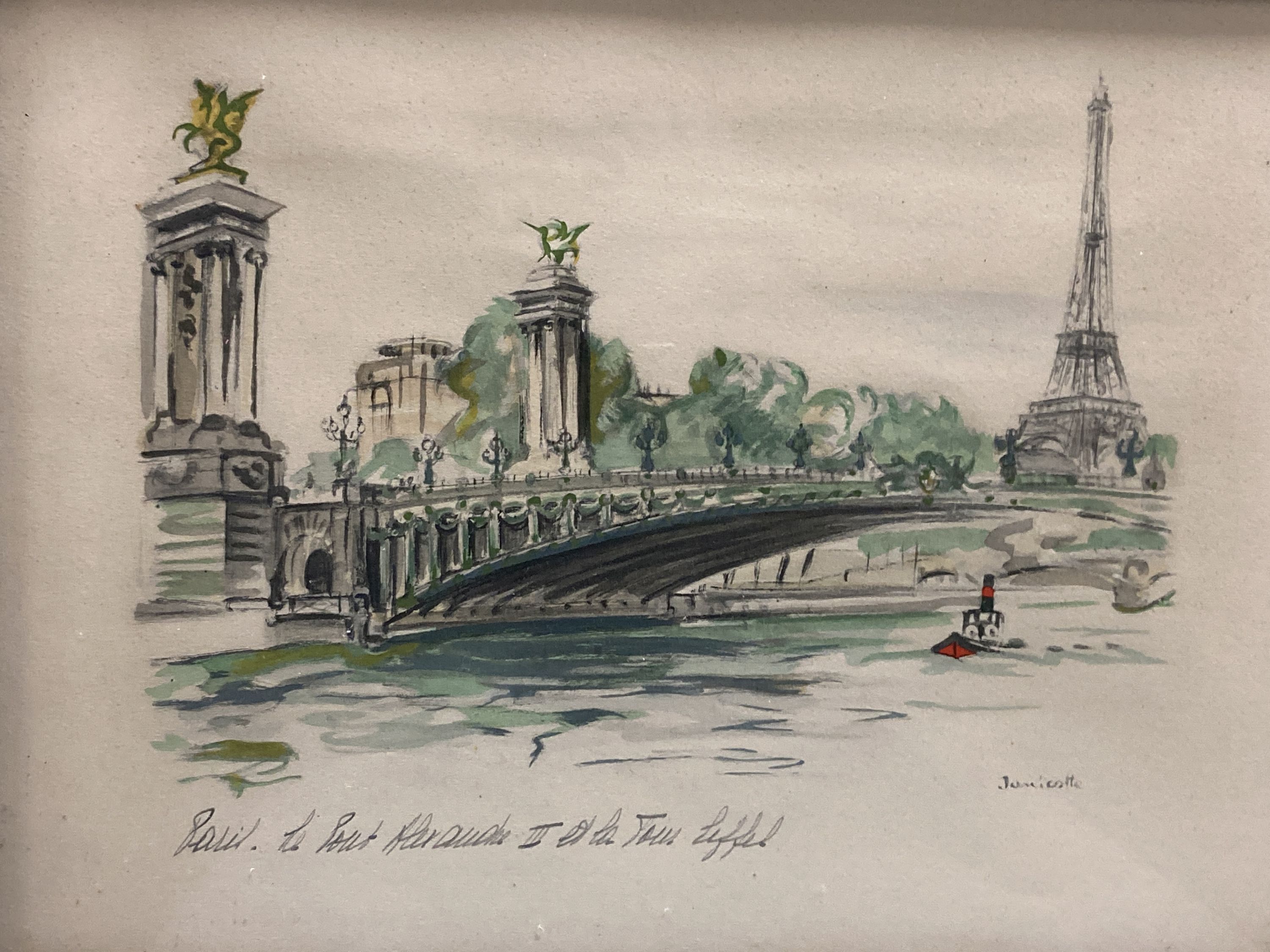 A pair of 1950s French colour lithographs, Views along The Seine, 27 x 37cm